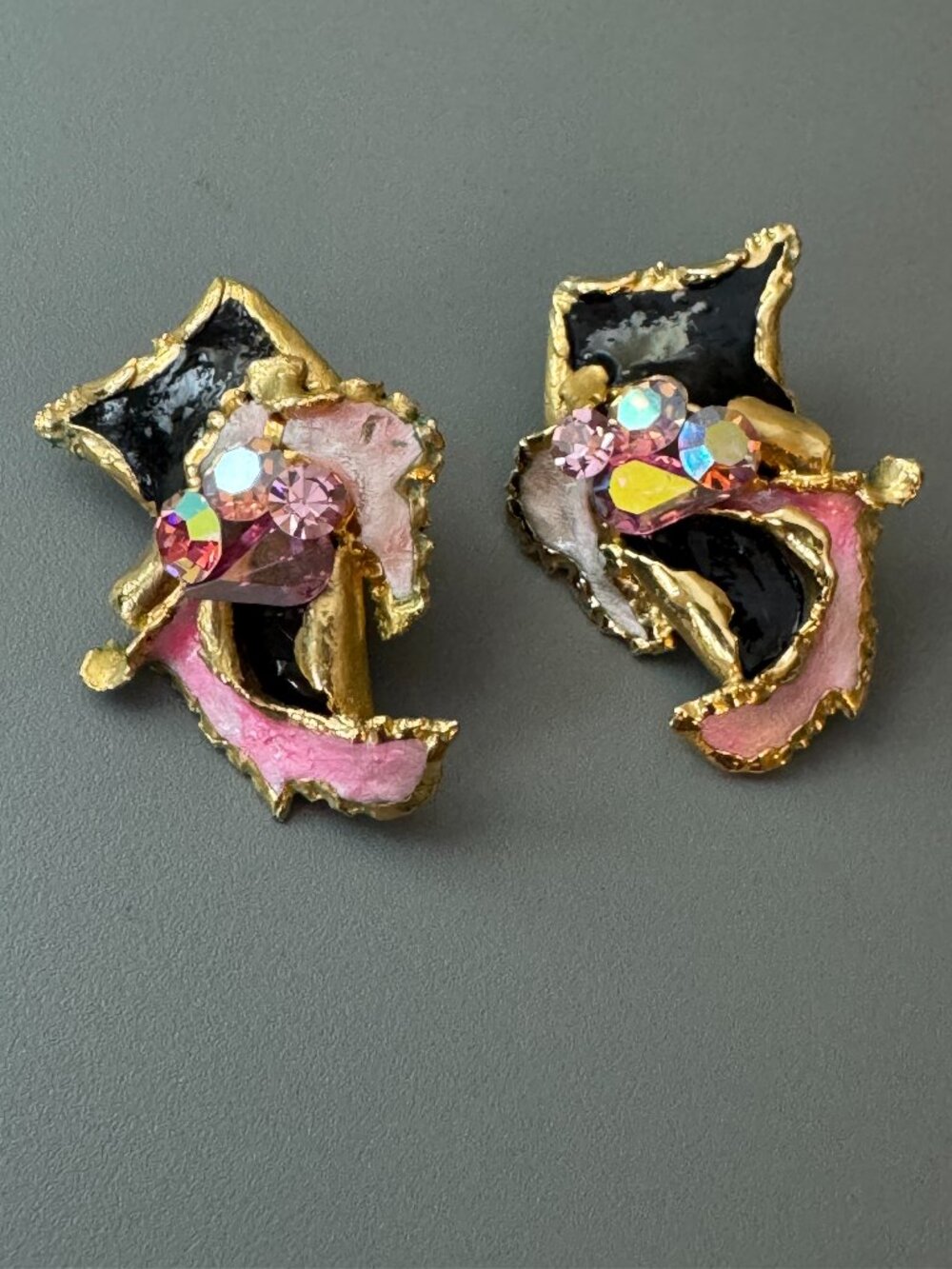 Vtg Amy Lacombe 1988 Jeweled Abstract Clay Statement Earrings 24K Gold Plated